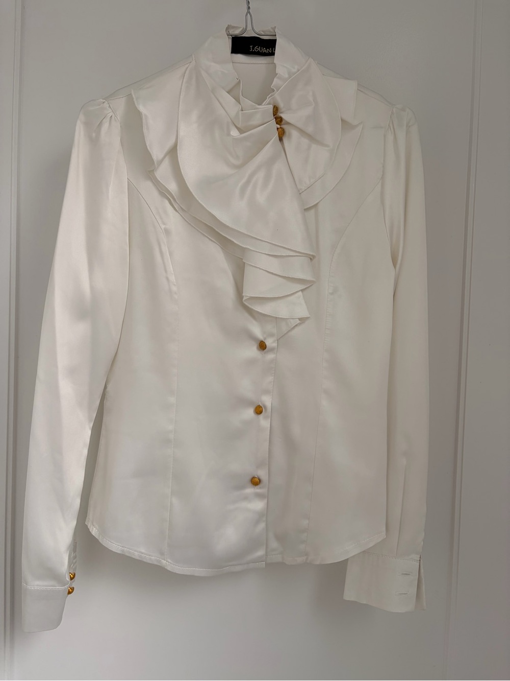 Ivory Ruffle-Neck Satin Blouse with Gold Buttons